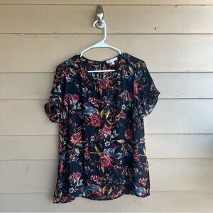 DR2 Floral Short Sleeve Blouse - Size M - Modest Casual Office Sheer